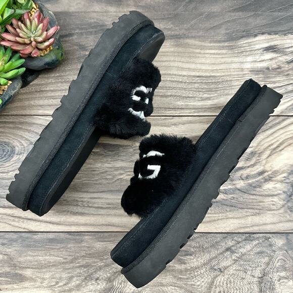 UGG Laton Fur Platform Slide Sandals Black Sheepskin 8 39 - Picture 10 of 12